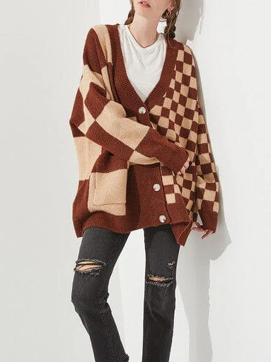 Women s Checkered Oversized Cardigan Loose Deep V Neck Long Sleeve Button Down Sweater with Pockets Vintage Streetwear