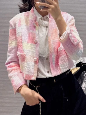 

Spring Autumn short Weave Clothes 2023 New Korean High Quality singlr breasetd pink Tweed Coat Female Jackets Women Tops