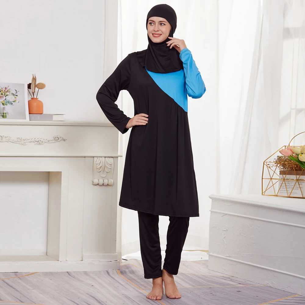 3PCS Burkini Muslim Woman Black Draw Pleated Swimwear Full Cover Islamic Long Sleeve Sport Swimsuit Hijab Beachwear