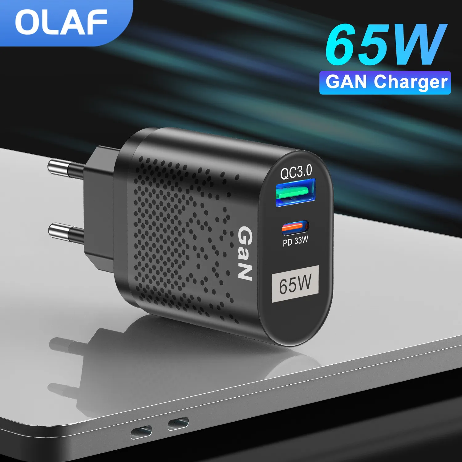 

OLAF 65W GAN Fast Charger QC3.0 Type C PD Quick Charging USB C Charge Adapter US EU Plug For iPhone Macbook Huawei poco Samsung