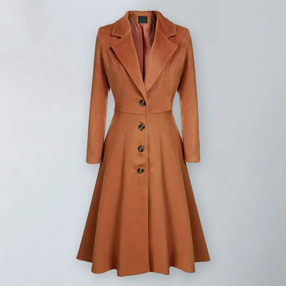 

Lapel Long Sleeves Pockets Waist Tight Skater Hem Woolen Coat Women Autumn Winter Buttons Placket Solid Long Casual Overcoat