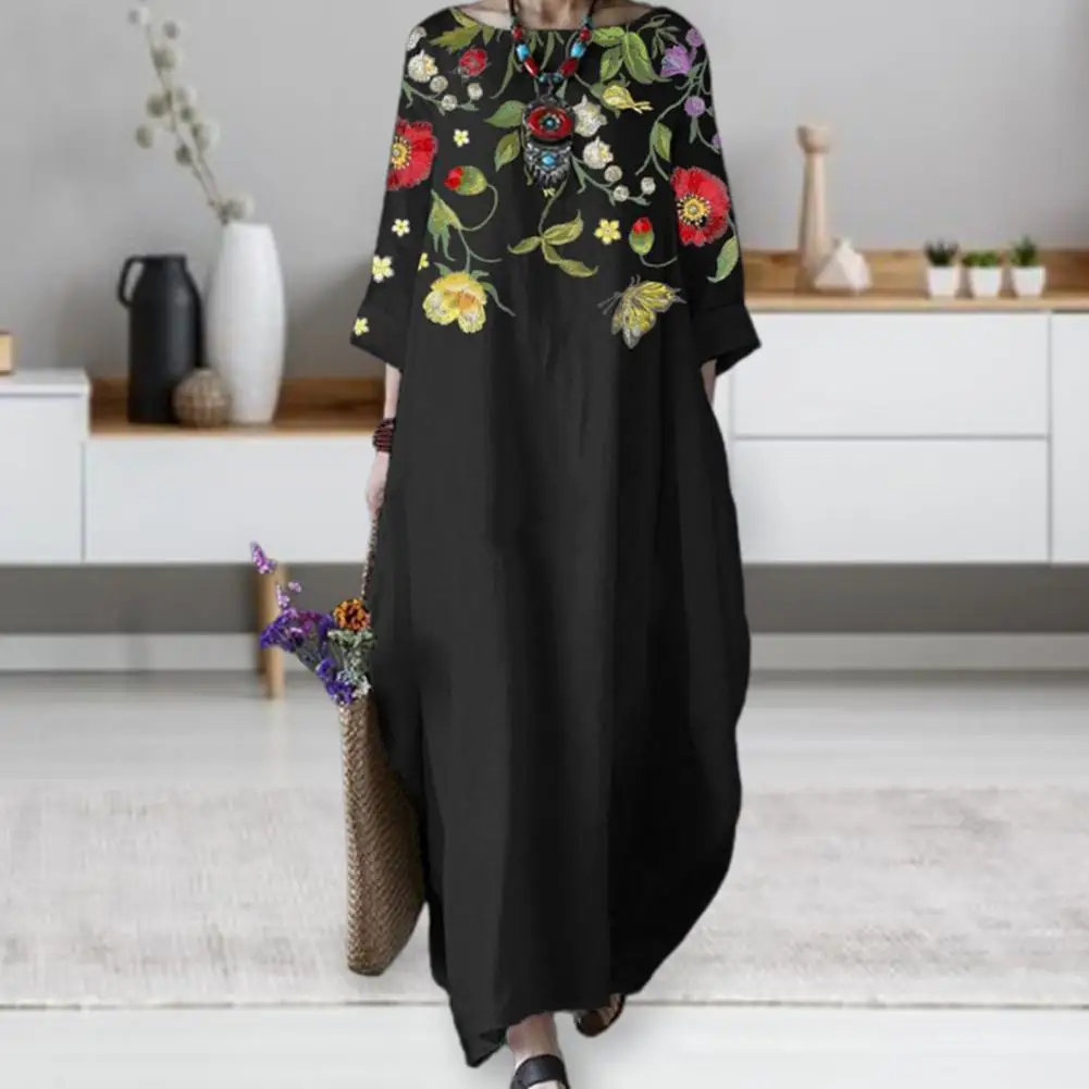 

Long Dress Chic Breathable Retro Dress Spring Autumn Floral Leaves Print Loose Maxi Dress Streetwear
