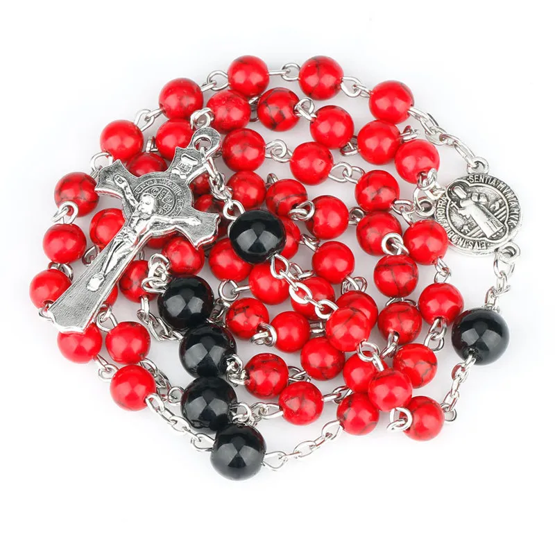 

Fashion Religious Jewelry Jesus Christian Catholic Virgin Mary Pendant Natural Red Pine Stone Cross Rosary Necklace