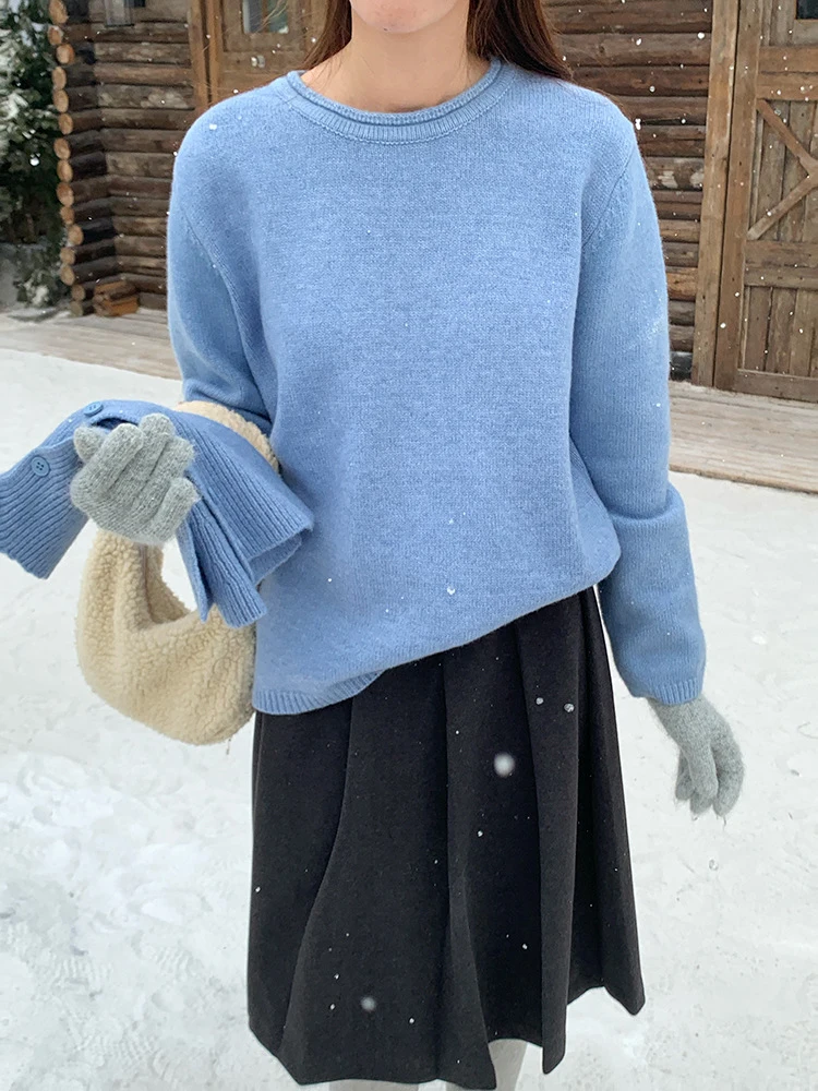 [EAM] Синий с шарфом большой размер вязаный свитер женские пуловеры круглым