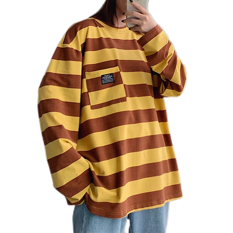 

CPDD Women's Clothes Long Sleeved Striped T shirt Korean Fashion Casual Loose Tops Oversize Harajuku Personality