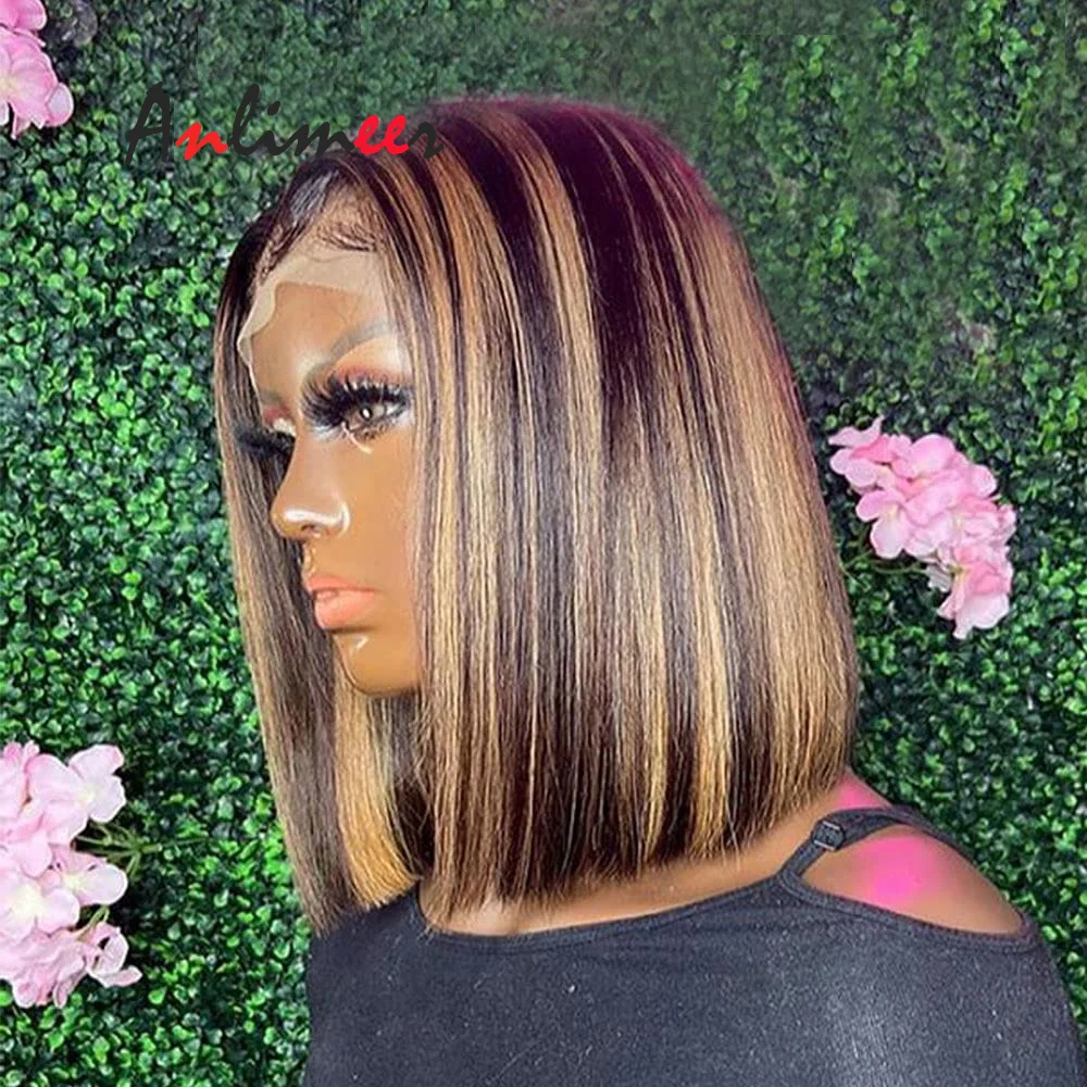 

Silk Top Wig Short Bob Straight Human Hair Wig for Black Women Highlight Wigs Honey Blonde Lace Front Wig Silk Base Top Wig