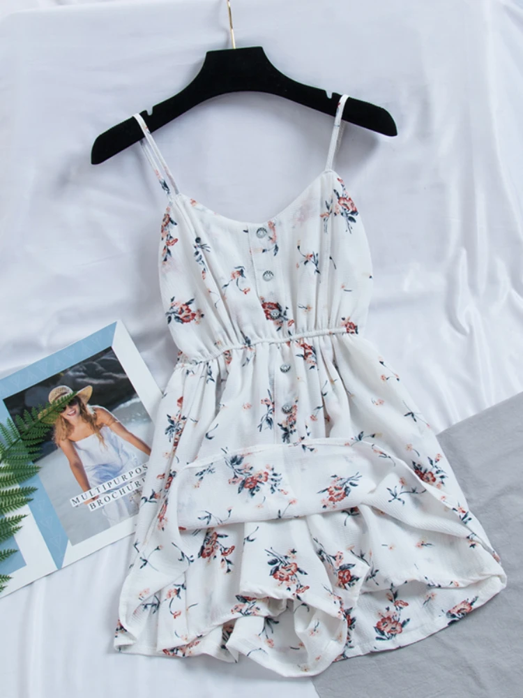 Women Sweet Floral Print Jumpsuits New 2020 Summer Sexy V Neck Spaghetti Strap Body Playsuit Woman Beach Chiffon Overalls Romper