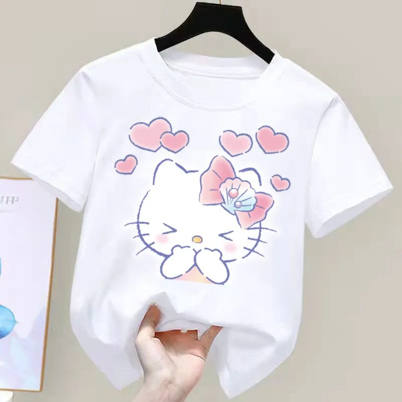 

Hello Kitty Kuromi Children's Short-sleeved New Sanrio Cinnamoroll T-shirt Clothes Girly Heart Soft Clothes Kawaii Birthday Gift