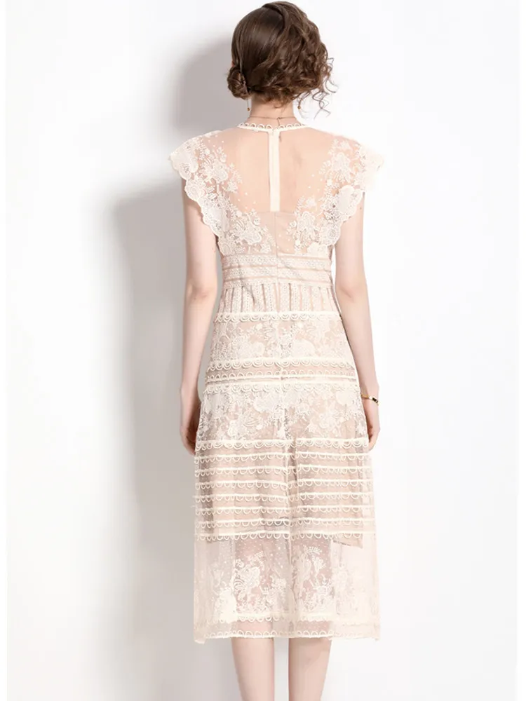 Женское Сетчатое платье средней длины элегантное подиумное кружевное в стиле