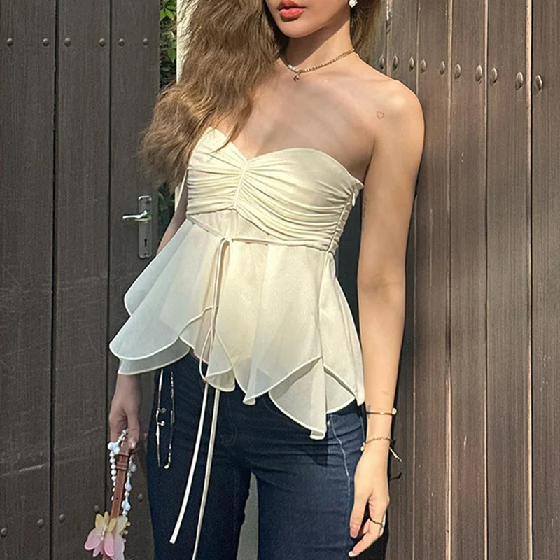 

Women's 2023 Summer Irregular Hem Bra Top Slim Fit Pleated V-Neck Lace Up Top