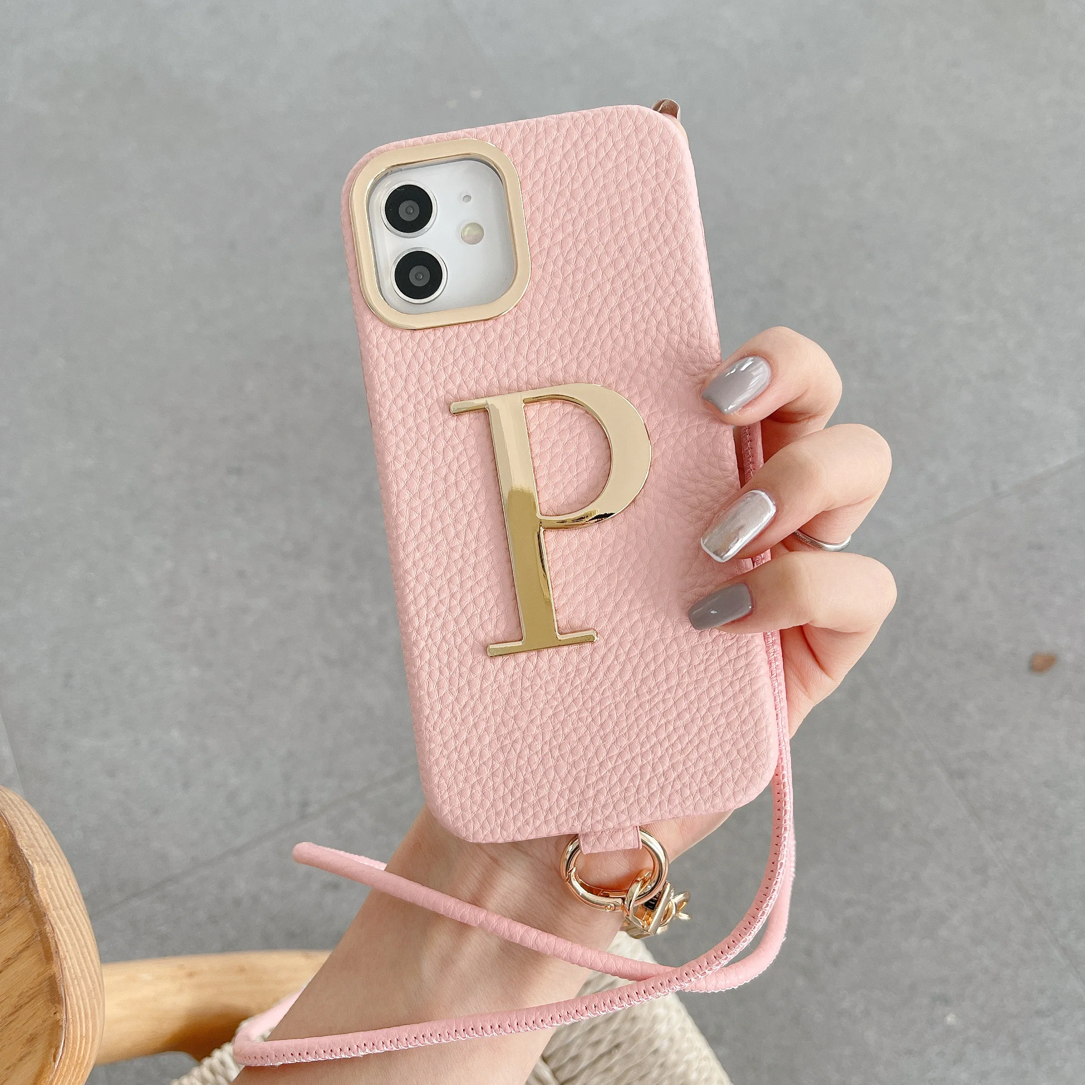 Premium Luxury Leather Gold Letter Custom Initial Lanyard Phone Case For iPhone 11 12 13 14Pro Max Protective Phone Cover