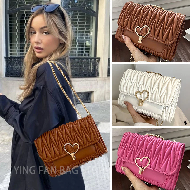

2023 New Fashion Female Heart Lock Shoulder Bag Casual Chain Crossbody Bag PU Leather Pleated Party Bag Exquisite Women's Bag