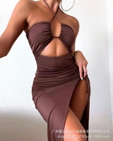 cryptographic hot summer sexy halter backless sleeveless cut out mini dress for women elegant club party slit dresses vestido