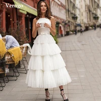 verngo white a line tiered skirt wedding dresses jewel neck satin tulle cupcake midi bridal gowns formal party dress sheer back