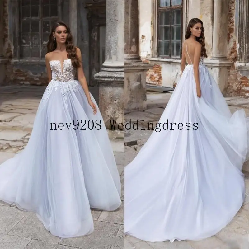 

Dusty Blue Wedding Dresses Bridal Gowns Strapless A line Tulle Backless Lace Country South African Plus size Wedding Dress Cheap