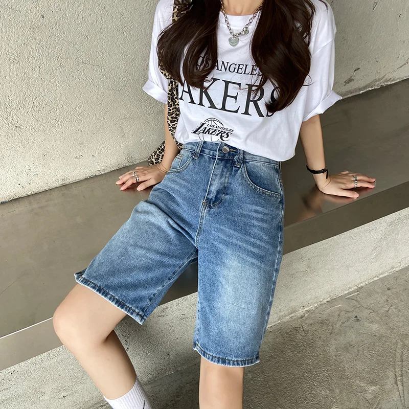 New Spring Summer Women Wide Leg Retro Blue Denim Shorts Streetwear Female Loose Straight Vintage Jeans Shorts