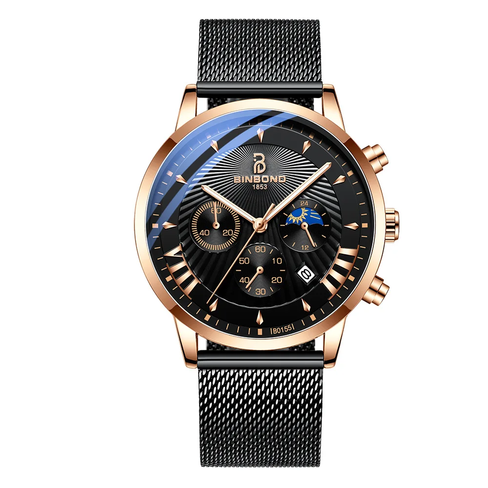 Binbond brand new fashion men's quartz watch 30m waterproof personalized three eye luminous watch second running calendar box