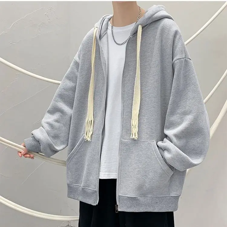 Spring Autumn Winter Fashion Solid Casual Cardigan Jacket Men's Loose Cool Boys Soft Solid Zipper Hoodie Drawstring Student Coat