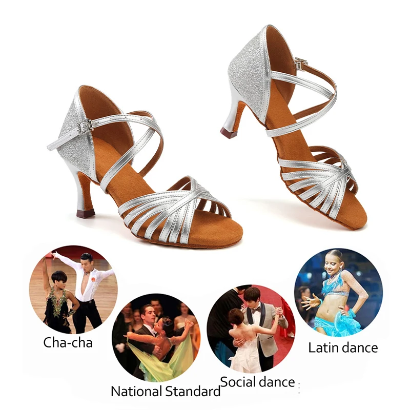 SWDZM Silver Latin Dance Shoes Ballroom Ladies Dancing Shoes For Women Jazz Salsa Dance Shoes PU 2 Colors Heeled 5cm/7cm