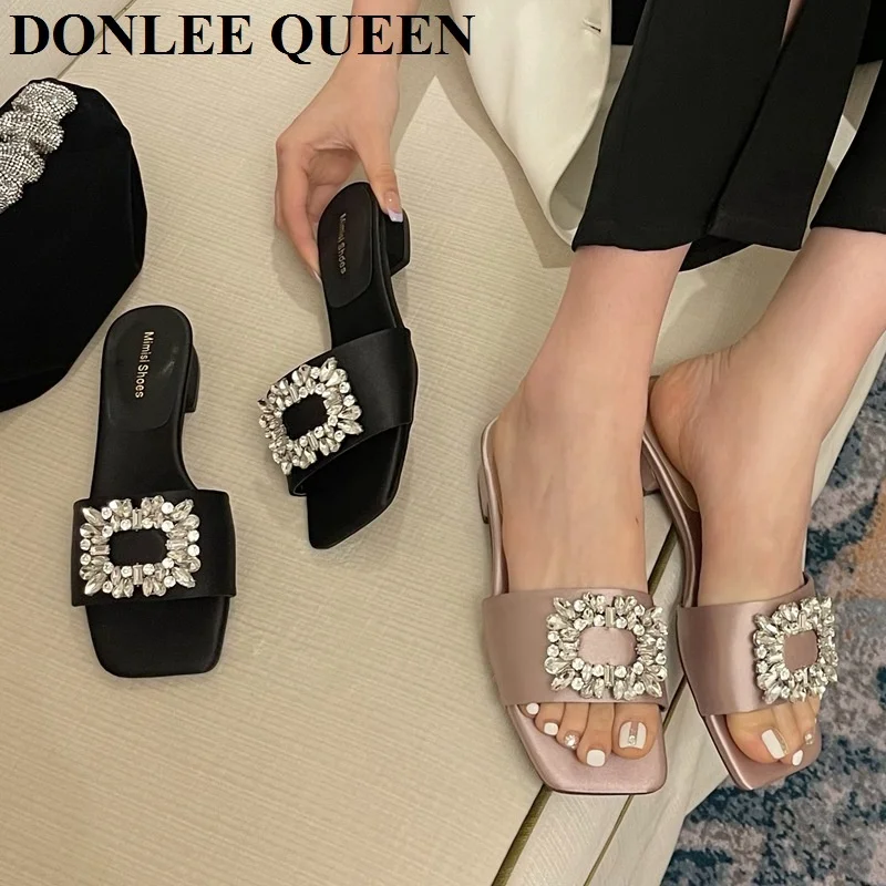 

Elegant Jewel Slides Women Shoes Open Toe Flat Heels Slip On Mules Crystal Slippers Brand Rhinestone Square Buckle Sandals Mujer