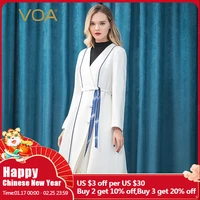 voa silk 60mm frosted white heavy deep v neck tie waist top stitch decoration blue edging long sleeved trench coat f612
