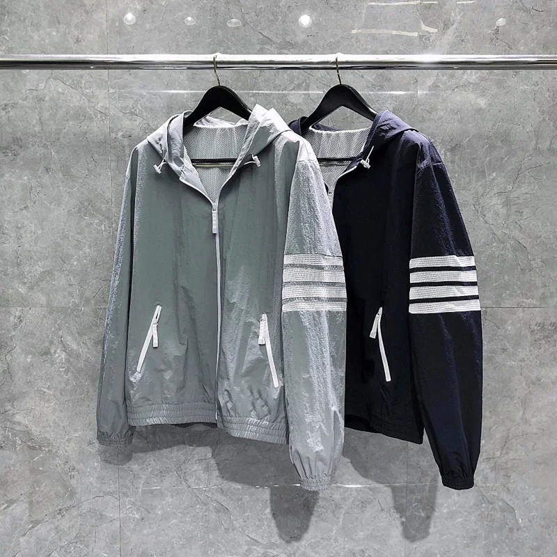 TB THOM Men's Jackets 2023 Spring Korean Fashion Brand Hoodies White 4-bar Stripes Zip-up Hooded Coats Casual Sports Jackets