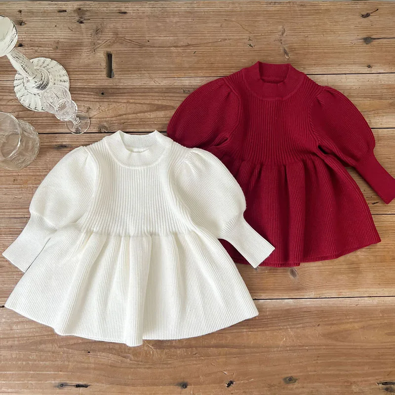 

Fashion Christmas Clothing European American Style Kids Princess Dresses Long Sleeve Solid Color Knitting Dress Autumn Winter