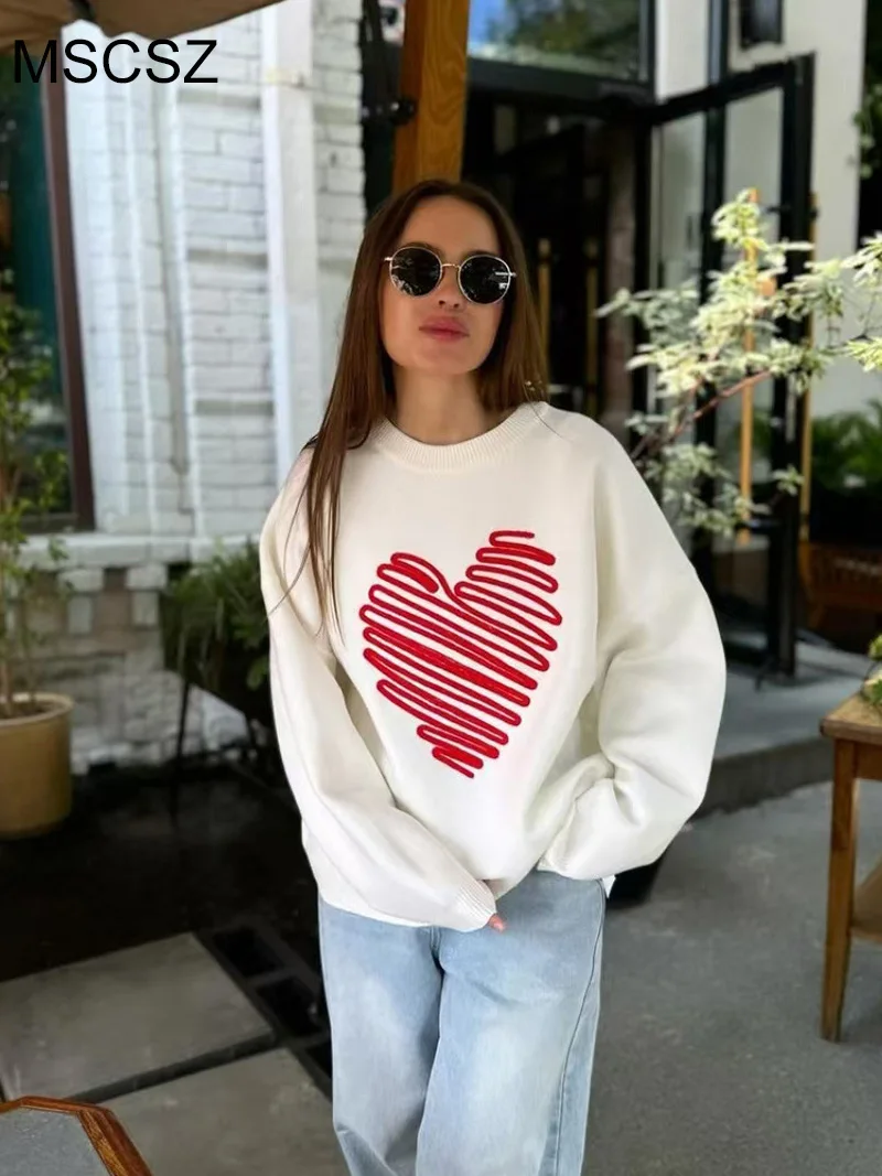 MSCSZ Lover Heart вязаный свитер женский белый большого размера с длинными рукавами