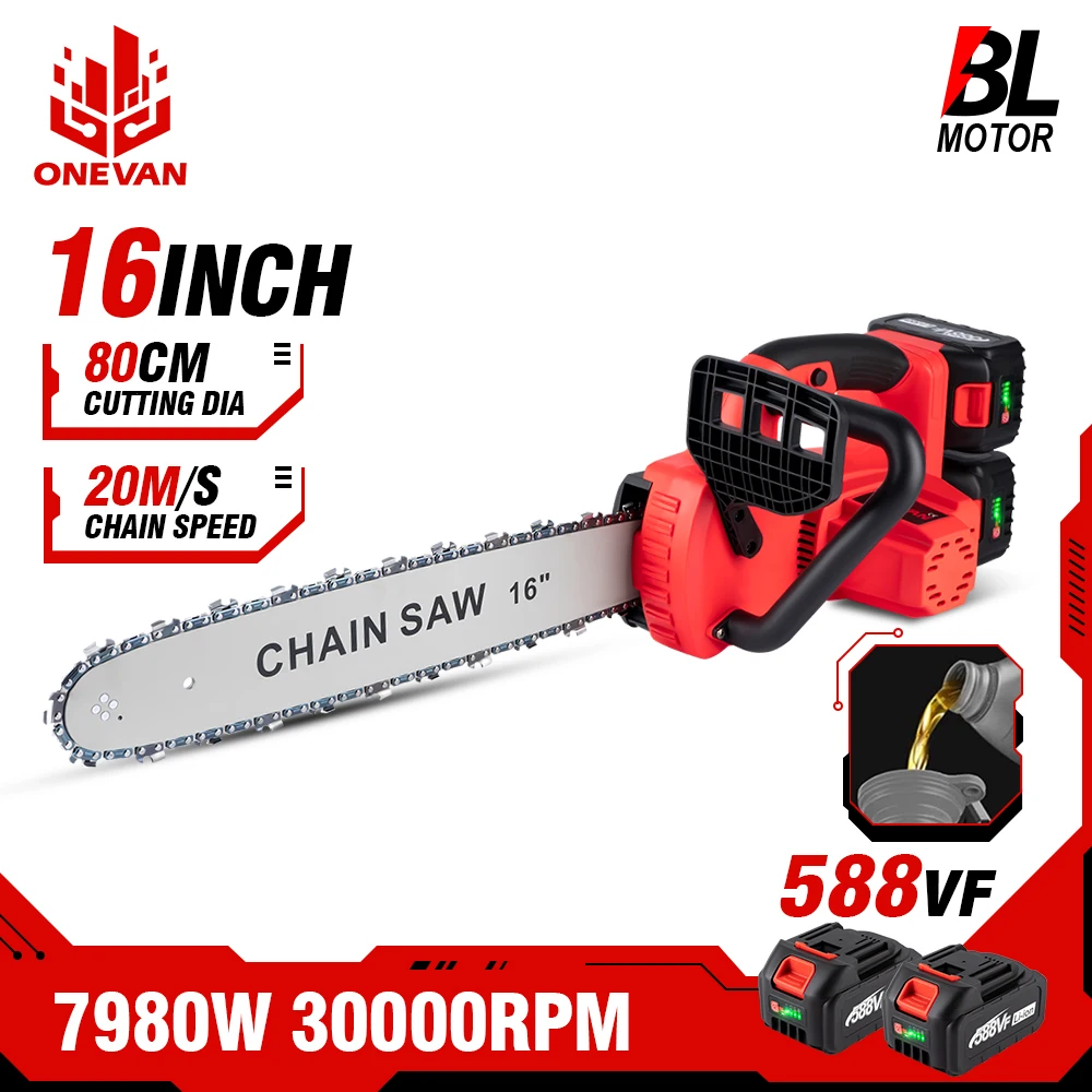 ONEVAN 7980W Electric Chain Saw 16 Inch Brushless Motor Electric Chainsaw Woodworking Power Tool Cordless saw For Makita battery