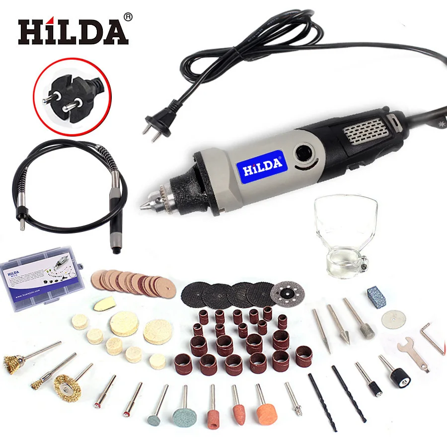 

Микродрель Hilda 400 Вт, 6-позиционная Электрическая дрель с переменной скоростью, вращающиеся l-образные инструменты и фитинги с гибким валом, 94 шт.