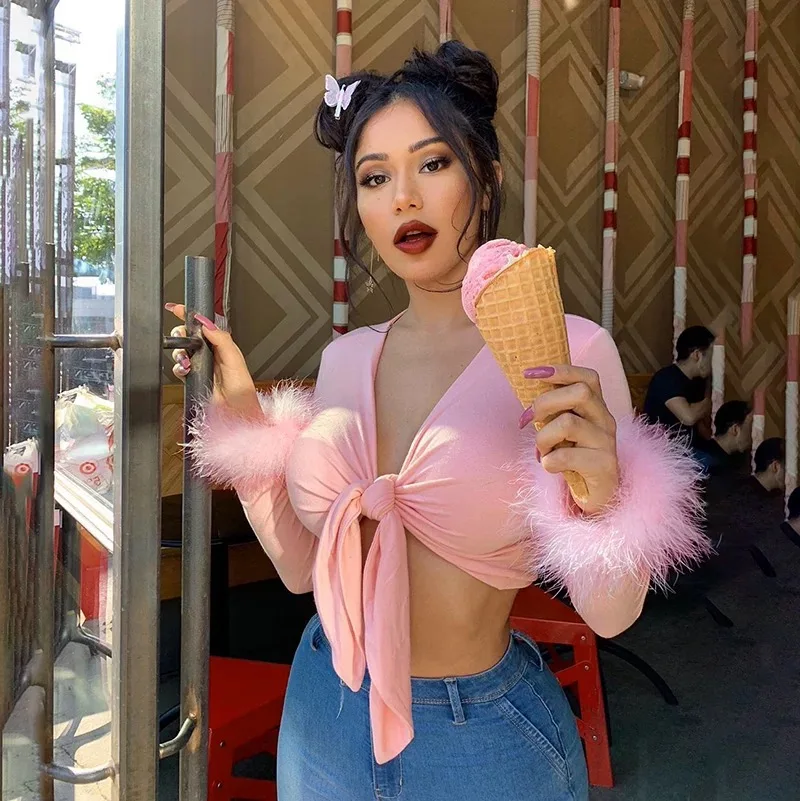 Дизайн манжет с перьями Y2K Женские топы Блузка Рубашка Ins Chic Женская сексуальная