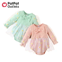 patpat newborn baby girl clothes new born baby items overalls jumpsuits mesh spliced rib knit bow long sleeve romper bodysuit