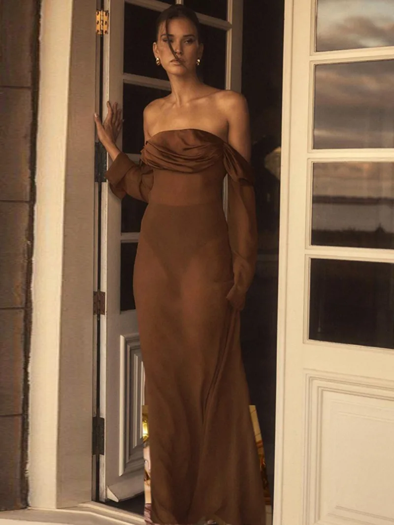 

2023 Autumn Fashion Slash Neck Off Shoulder See-through Long Dress Elegant Women's Backless Bodycon Evening Party Club Vestidos