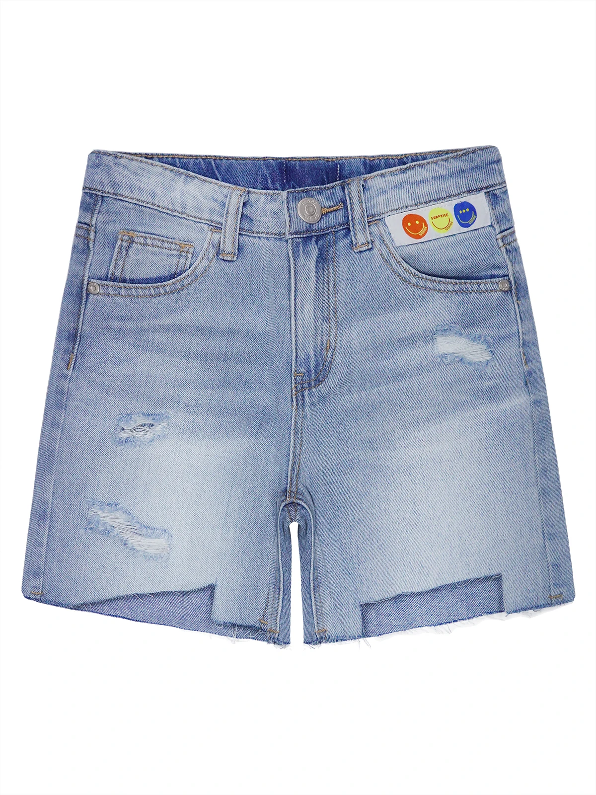 

Джинсовые шорты KIDSCOOL для маленьких девочек и мальчиков, рваные потертые летние джинсовые брюки светло-голубого цвета с вырезами на подоле