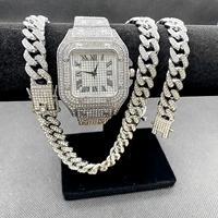 3pcs jewelry for mens iced out watch necklaces bracelet bling miama cuban link chain choker gold watch set mens hip hop jewelry