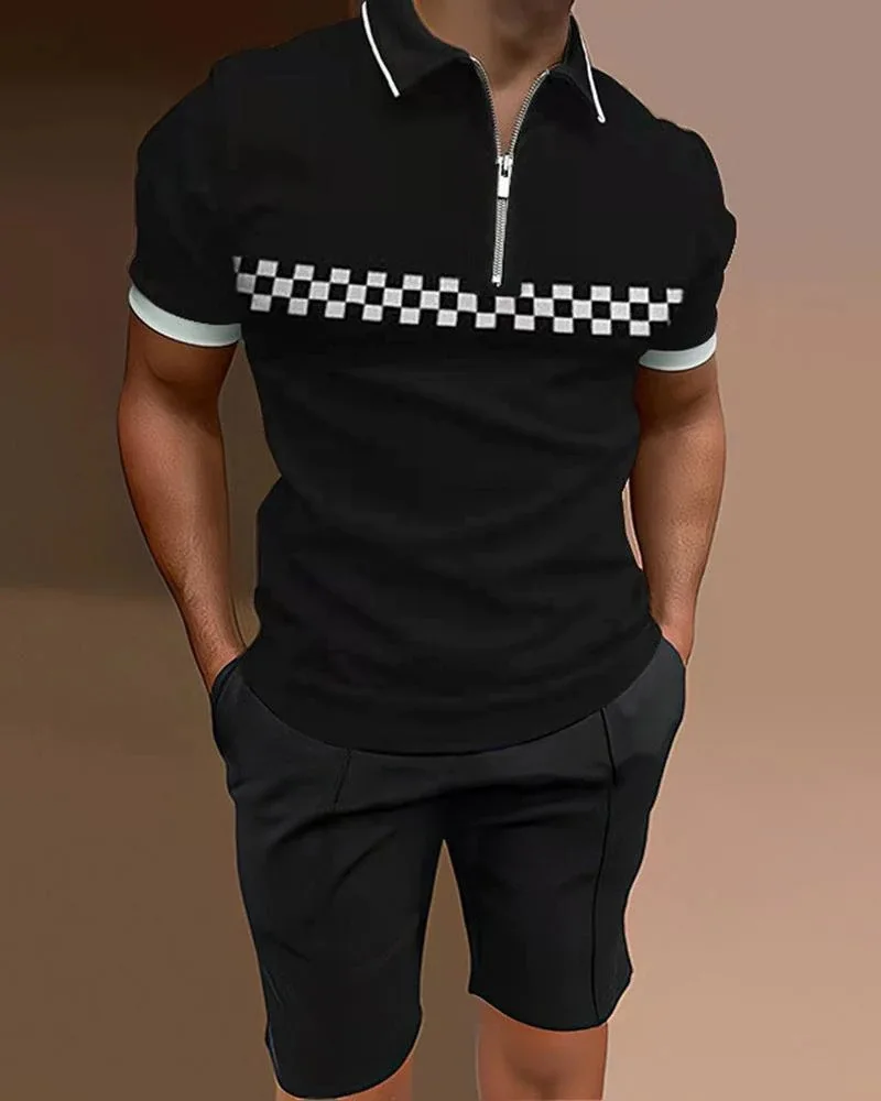 2023 Men Fashion Geometric 3D Printed Summer V-neck Zipper Short Sleeve POLO Shirt + Shorts Two-piece Men Casual Suit Oversized