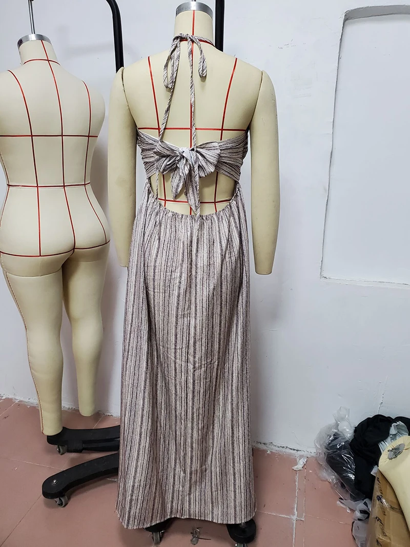 Buy Fitshinling Bohemian Vintage Backless Maxi Dress Summer Striped Slim Sexy Sundress Holiday Long Robe V Neck A Line Vestidos Sale on