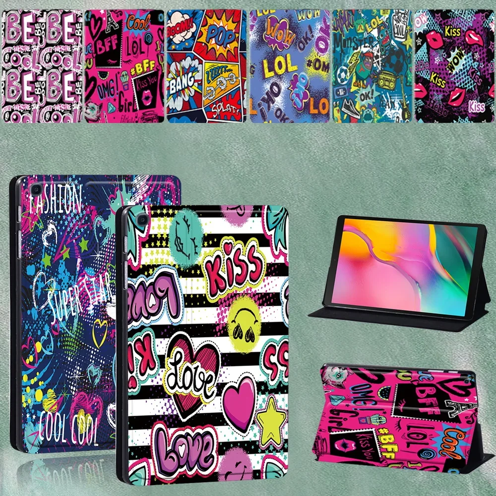 Tablet Case for Samsung Galaxy Tab A 8.0 Inch SM-T290 SM-T295 2019 PU Leather Graffiti Series Pattern Stand Protective