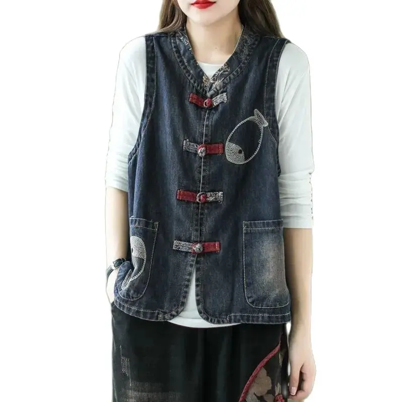 

Женский джинсовый жилет в стиле ретро, весна-лето 2023, Свободное пальто без рукавов на пуговицах, женская модная повседневная Джинсовая безрукавка