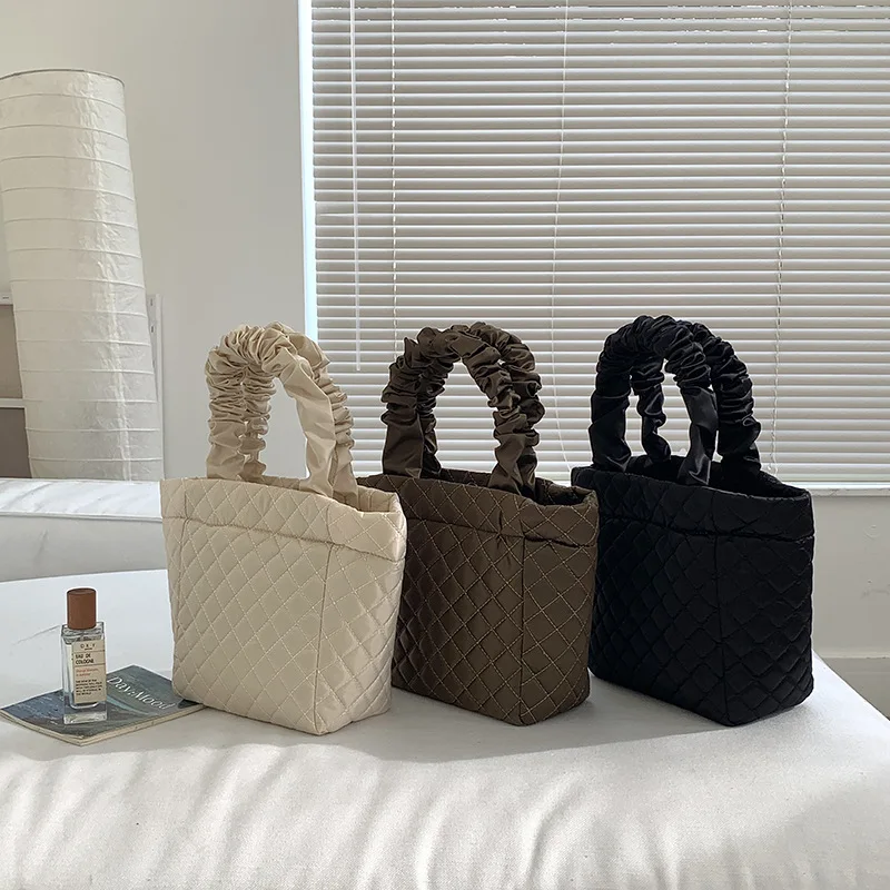 

Casual Nylon Quilting Padded Tote Bag Women's Handbag Lattice Ruched Shoulder Bag Female Large-capacity Handle Bags Purses Ins
