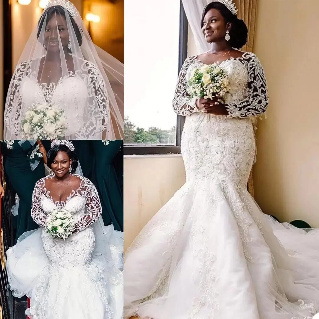 

Mermaid Wedding Dresses African Illusion Neck Long Sleeves Lace Appliques Crystal Beaded Pearls Sweep Train Plus Size Custom