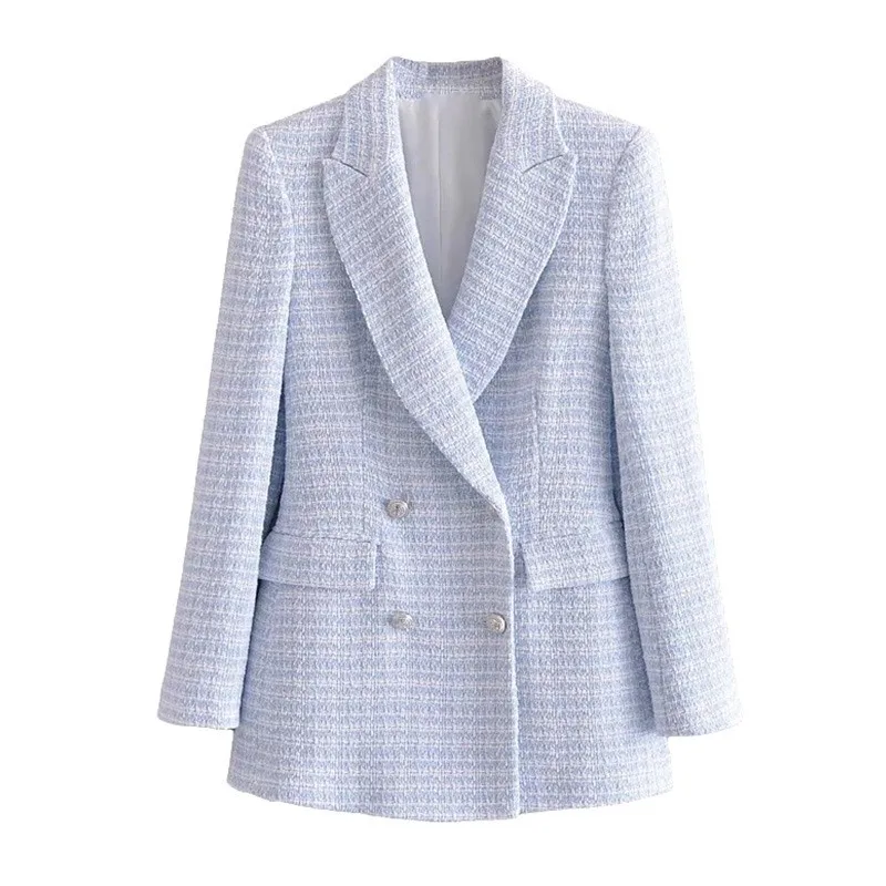 

Huaxiafan Women Fashion Double Breasted Tweed Check Blazer Coat Vintage Long Sleeve Pockets Female Outerwear Chic Veste