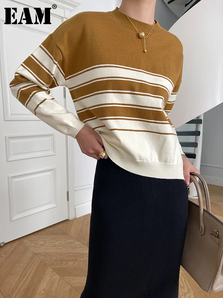 

[EAM] полосатый Повседневный вязаный свитер, свободный крой, круглый вырез, длинный рукав, женские пуловеры, новая мода осень-зима 2022 1DF1882