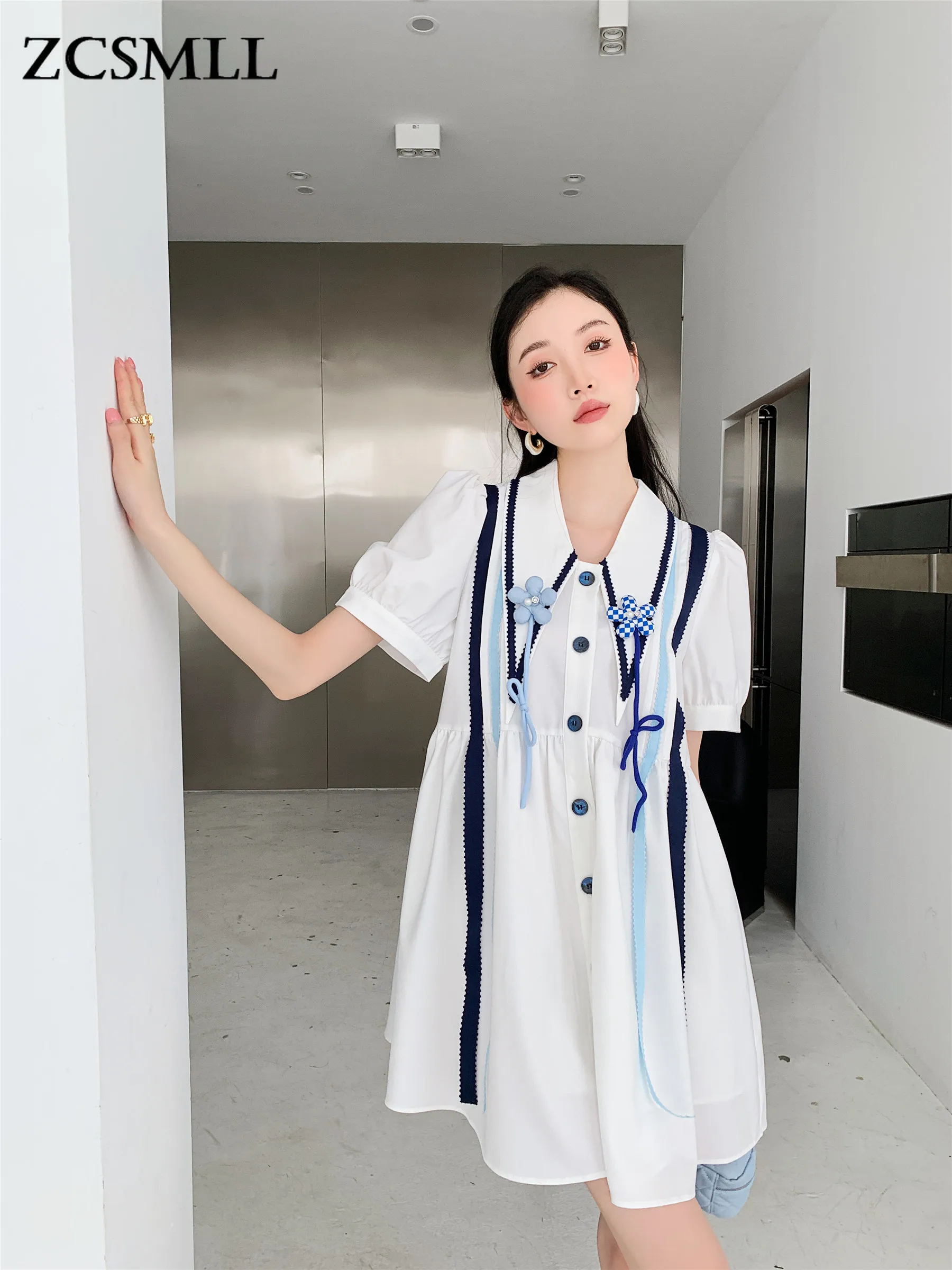 

ZCSMLL Puff Sleeve White Designer Shirt Dress For Women 2022 Korean Fashion Floral Patch Button Collar Mini Dress Summer