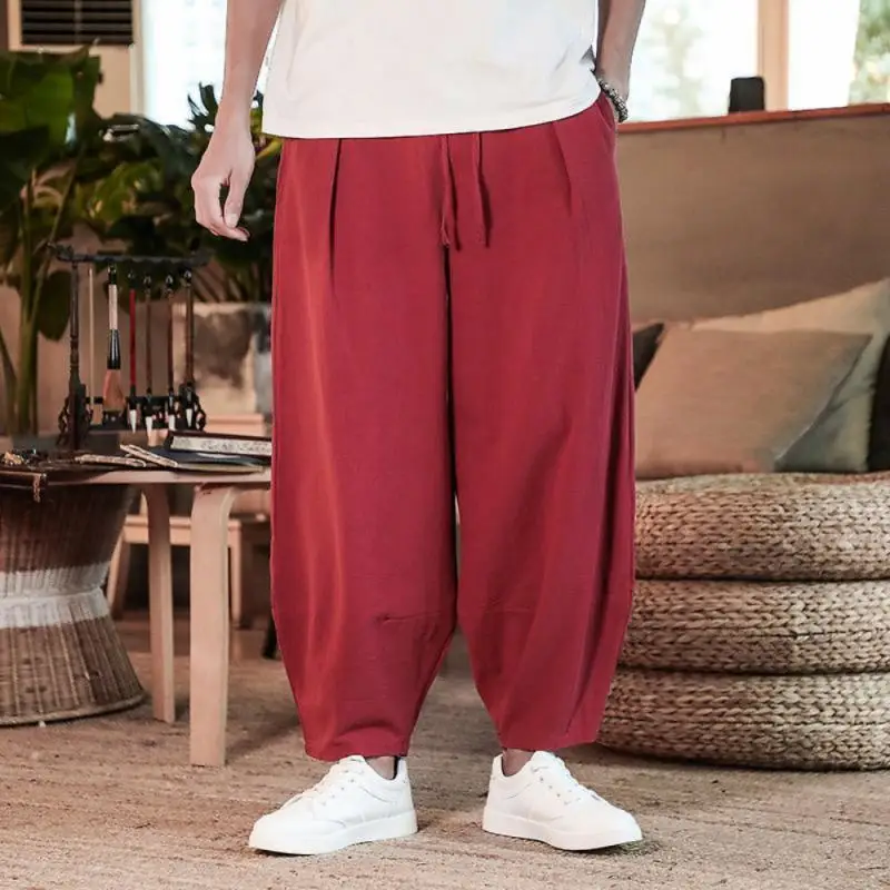Cotton Linen Loose Men Harem Pants Male Summer New Breathable Solid Color Trousers Male Fashion Leisure Fitness Baggy Streetwear