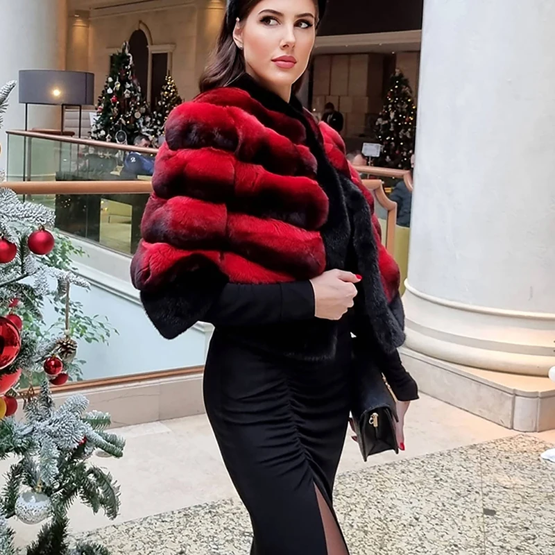 Natural Rex Rabbit Fur Jackets Women O-neck Fur Strip Sewed Toghter Short Tops Genuine Luxury Real Rex Rabbit Winter Coat Female