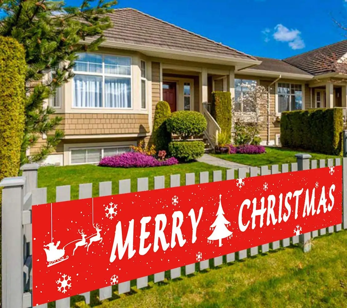 

Merry Christmas Banner with Snowflake Christmas Tree for Xmas Home Party Holiday Bunting Banners Yard Decoration Outdoor Indoor