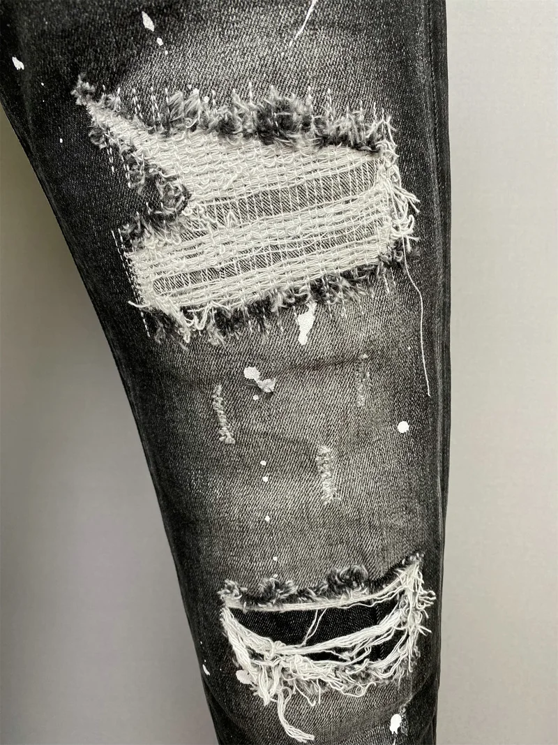 New DSQUARED2 Men's/Women's Washed Hole Patches Paint Distressed Three-Dimensional Cut Slim Stretch Feet Denim Pants 9859