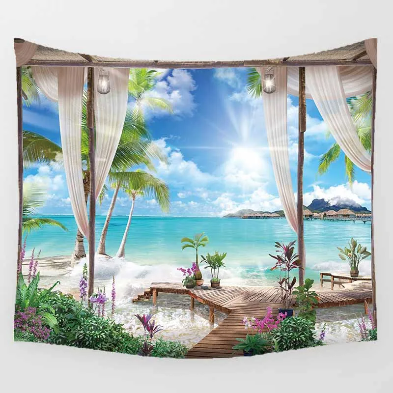 

Beautiful Night Moon Sea Beach Tapestry Landscape Windows Wall Art Tapestry Background Wall Decoration Wall Tapestry