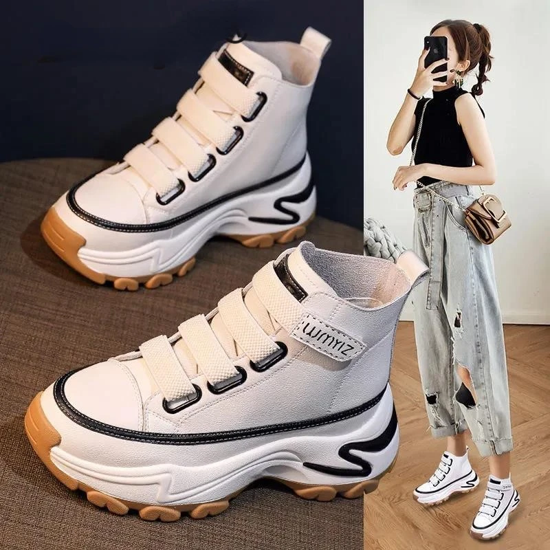 

2022 New Ladies Sneakers Leather Platform Shoes Fashion White Sneakers Ladies High Top Sneakers Vulcanized Shoes Boots